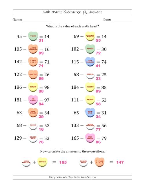 The Math Hearts Subtraction with Differences from 10 to 99 and Missing Subtrahends from 10 to 99 (All) Math Worksheet Page 2