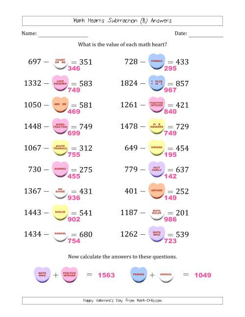 math hearts subtraction with differences from 100 to 999