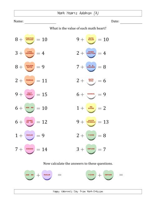 The Math Hearts Addition with Addends from 1 to 9 and Missing Addends from 1 to 9 (A) Math Worksheet