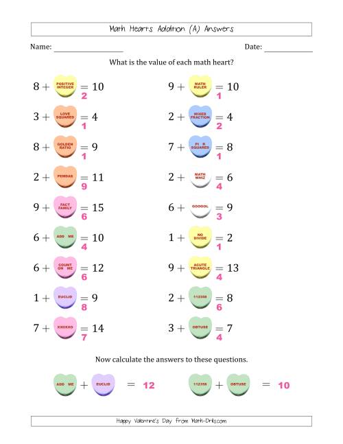 The Math Hearts Addition with Addends from 1 to 9 and Missing Addends from 1 to 9 (A) Math Worksheet Page 2