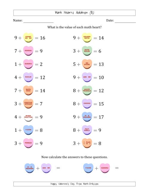 The Math Hearts Addition with Addends from 1 to 9 and Missing Addends from 1 to 9 (B) Math Worksheet