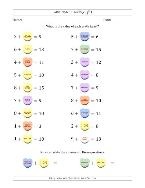 The Math Hearts Addition with Addends from 1 to 9 and Missing Addends from 1 to 9 (F) Math Worksheet