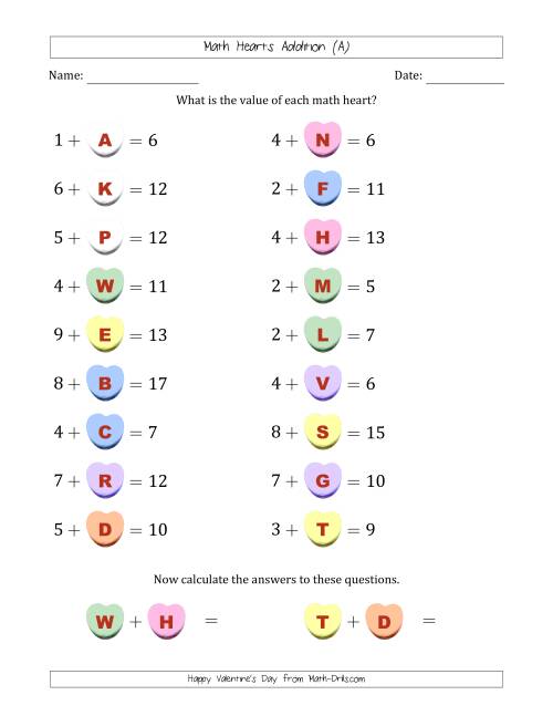 The Math Hearts Addition with Addends from 1 to 9 and Missing Addends from 1 to 9 (Lettered Hearts) (A) Math Worksheet