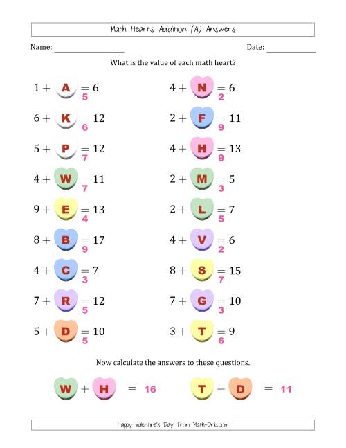 The Math Hearts Addition with Addends from 1 to 9 and Missing Addends from 1 to 9 (Lettered Hearts) (A) Math Worksheet Page 2