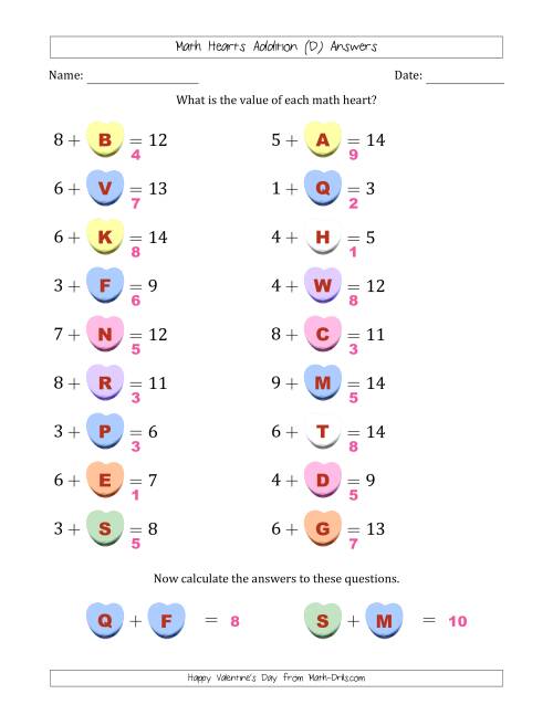 The Math Hearts Addition with Addends from 1 to 9 and Missing Addends from 1 to 9 (Lettered Hearts) (D) Math Worksheet Page 2