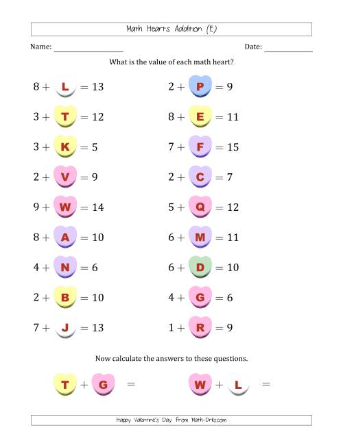 The Math Hearts Addition with Addends from 1 to 9 and Missing Addends from 1 to 9 (Lettered Hearts) (E) Math Worksheet