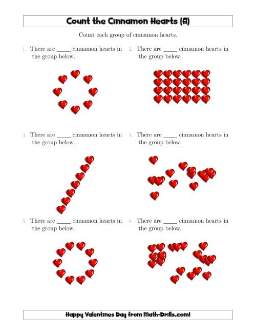 The Counting Cinnamon Hearts in Various Arrangements (All) Math Worksheet