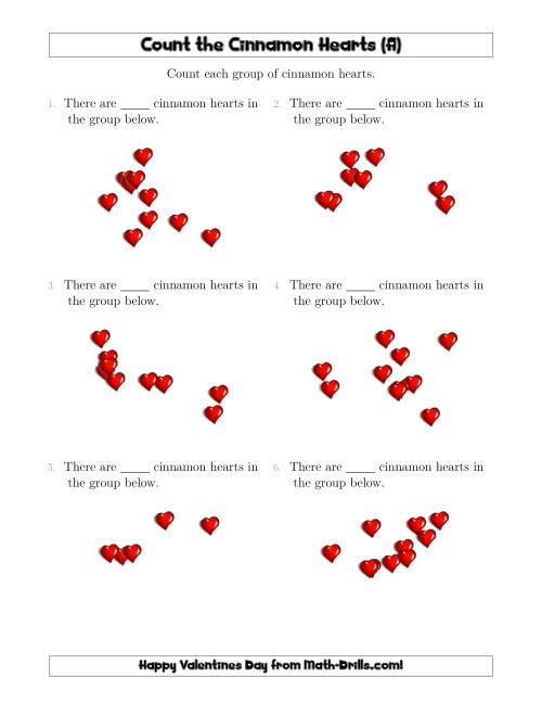 The Counting up to 10 Cinnamon Hearts in Scattered Arrangements (A) Math Worksheet