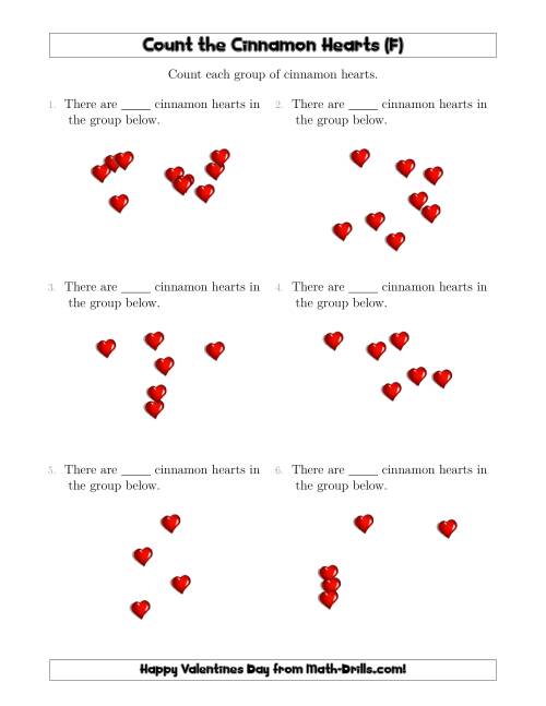 The Counting up to 10 Cinnamon Hearts in Scattered Arrangements (F) Math Worksheet