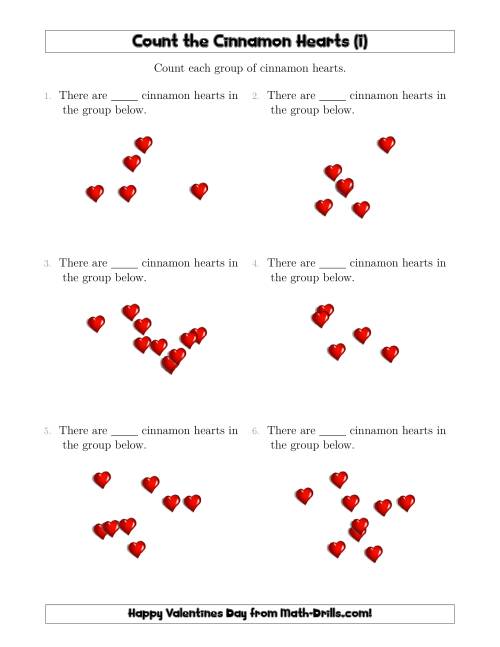 The Counting up to 10 Cinnamon Hearts in Scattered Arrangements (I) Math Worksheet