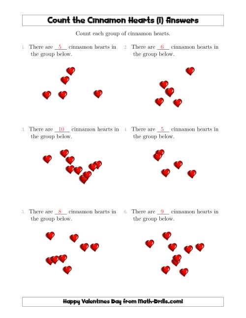 The Counting up to 10 Cinnamon Hearts in Scattered Arrangements (I) Math Worksheet Page 2
