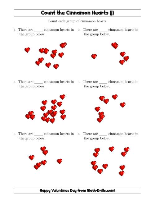 The Counting Cinnamon Hearts in Scattered Arrangements (J) Math Worksheet