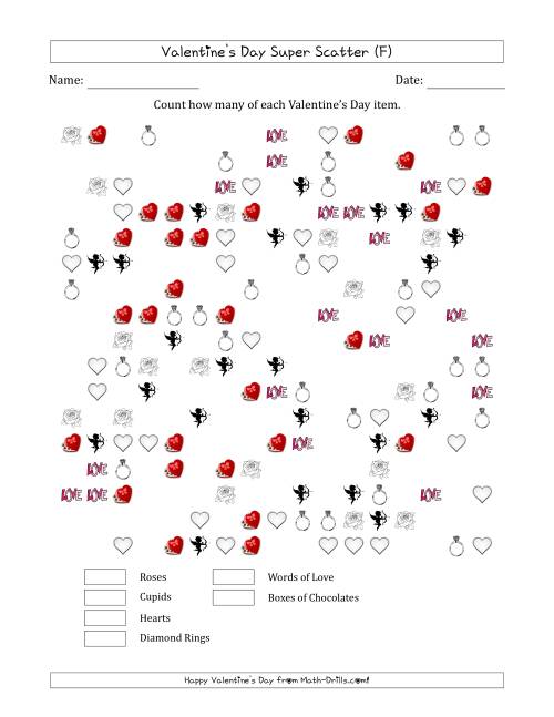 The Counting Valentines Day Items in Super Scattered Arrangements (About 50 Percent Full) (F) Math Worksheet