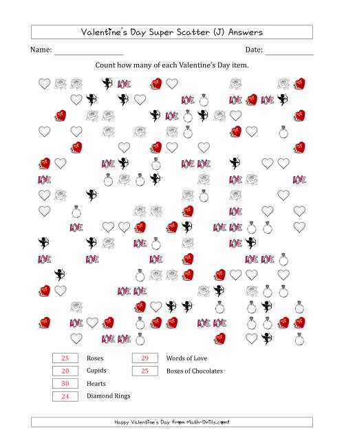 The Counting Valentines Day Items in Super Scattered Arrangements (About 50 Percent Full) (J) Math Worksheet Page 2