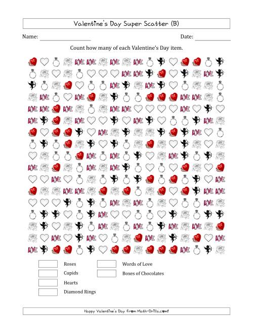 The Counting Valentines Day Items in Super Scattered Arrangements (100 Percent Full) (B) Math Worksheet