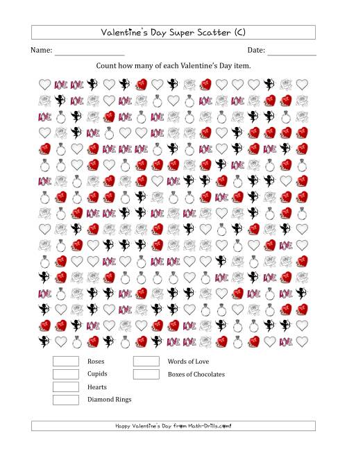 The Counting Valentines Day Items in Super Scattered Arrangements (100 Percent Full) (C) Math Worksheet