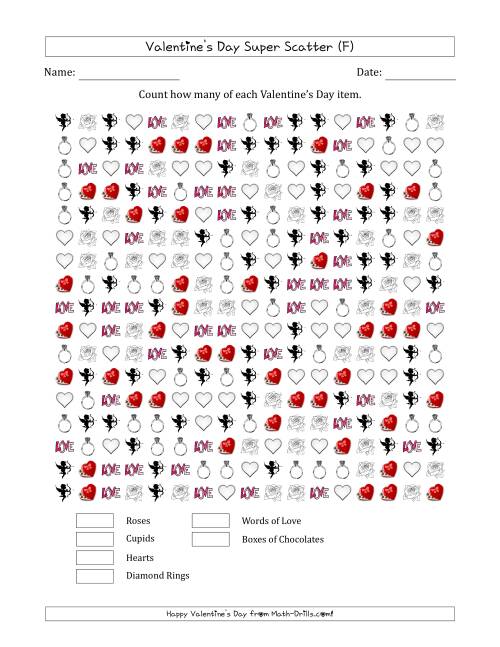 The Counting Valentines Day Items in Super Scattered Arrangements (100 Percent Full) (F) Math Worksheet