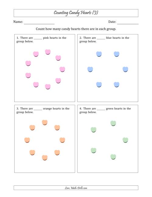 The Counting Candy Hearts in Circular Arrangements (J) Math Worksheet