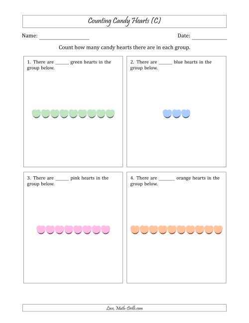 The Counting Candy Hearts in Horizontal Linear Arrangements (C) Math Worksheet