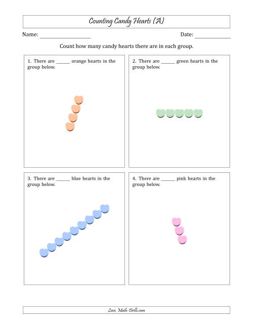 The Counting Candy Hearts in Rotated Linear Arrangements (A) Math Worksheet
