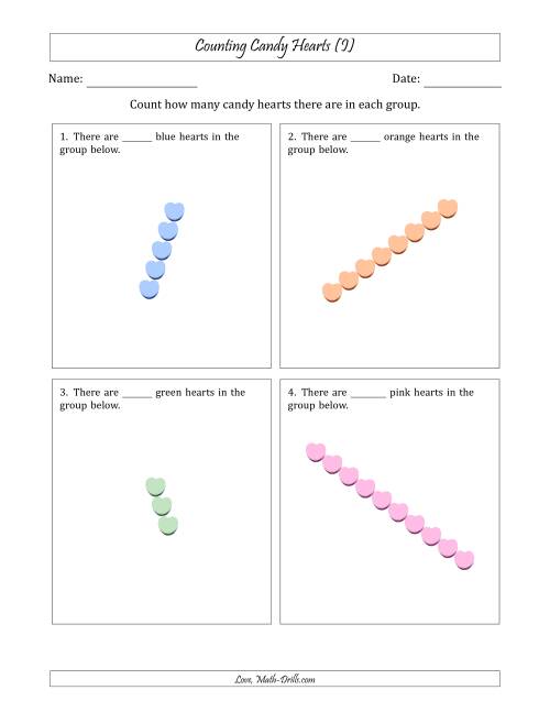 The Counting Candy Hearts in Rotated Linear Arrangements (I) Math Worksheet