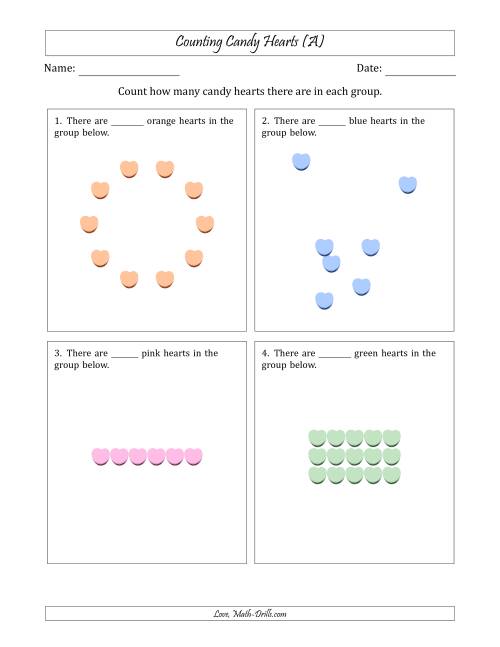 The Counting Candy Hearts in Various Arrangements (Easier Version) (A) Math Worksheet