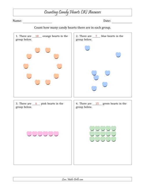 The Counting Candy Hearts in Various Arrangements (Easier Version) (A) Math Worksheet Page 2