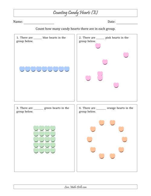 The Counting Candy Hearts in Various Arrangements (Easier Version) (E) Math Worksheet