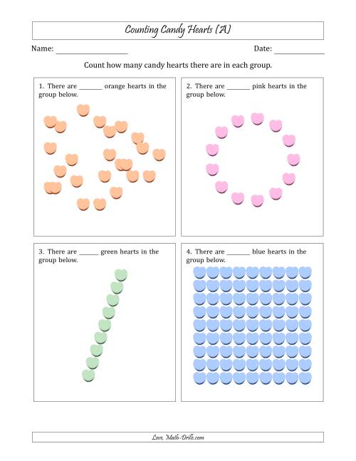 The Counting Candy Hearts in Various Arrangements (Harder Version) (A) Math Worksheet