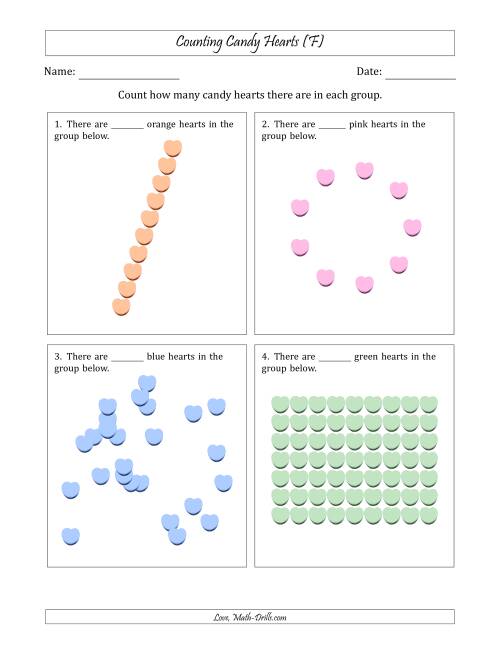 The Counting Candy Hearts in Various Arrangements (Harder Version) (F) Math Worksheet