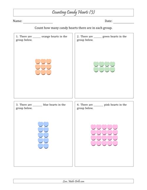 The Counting Candy Hearts in Rectangular Arrangements (Maximum Dimension 5) (J) Math Worksheet