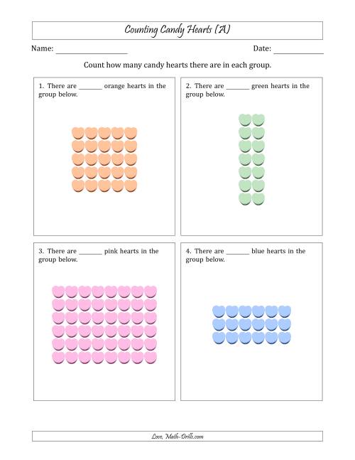 The Counting Candy Hearts in Rectangular Arrangements (Maximum Dimension 9) (A) Math Worksheet
