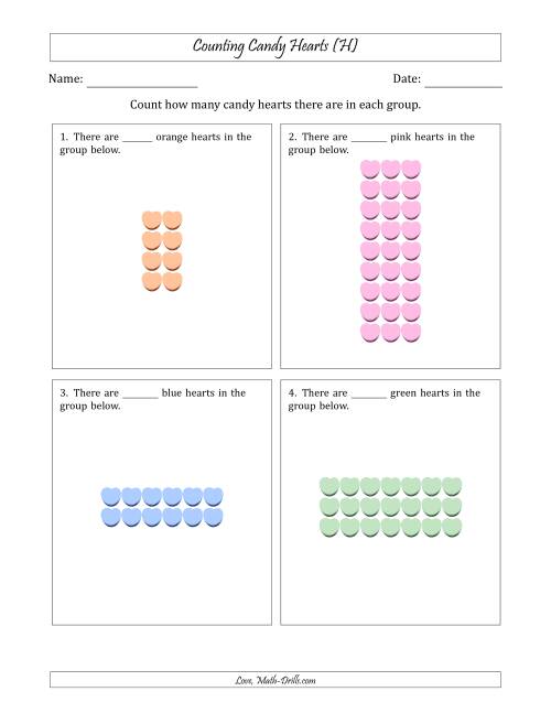 The Counting Candy Hearts in Rectangular Arrangements (Maximum Dimension 9) (H) Math Worksheet