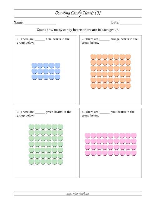 The Counting Candy Hearts in Rectangular Arrangements (Maximum Dimension 9) (J) Math Worksheet