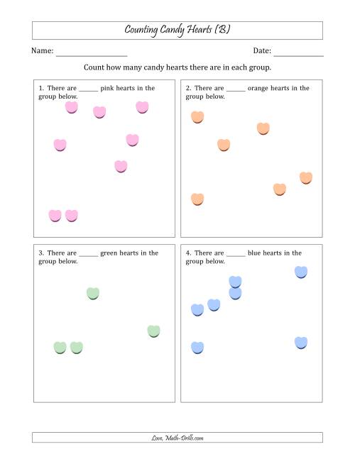 The Counting up to 10 Candy Hearts in Scattered Arrangements (B) Math Worksheet