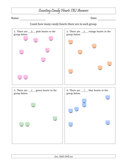 The Counting up to 10 Candy Hearts in Scattered Arrangements (B) Math Worksheet Page 2