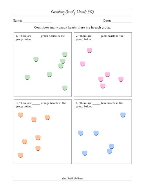 The Counting up to 10 Candy Hearts in Scattered Arrangements (D) Math Worksheet