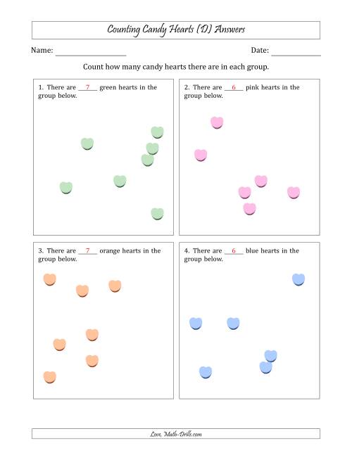 The Counting up to 10 Candy Hearts in Scattered Arrangements (D) Math Worksheet Page 2