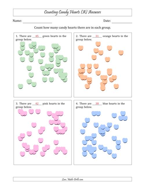 The Counting up to 50 Candy Hearts in Scattered Arrangements (A) Math Worksheet Page 2