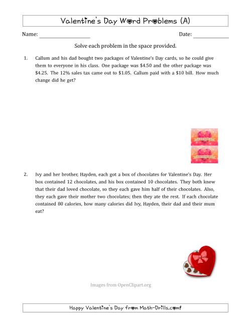 The Valentine's Day Math Word Problems (Multi-Step) (A) Math Worksheet