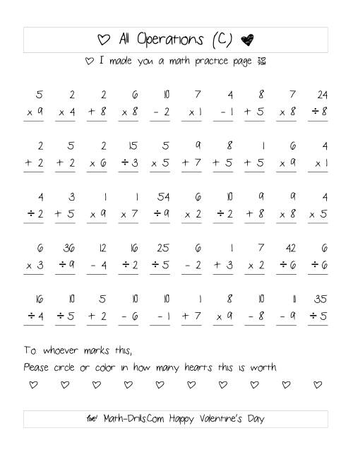 The Mixed Operations with Heart Scoring (Range 1 to 9) (C) Math Worksheet