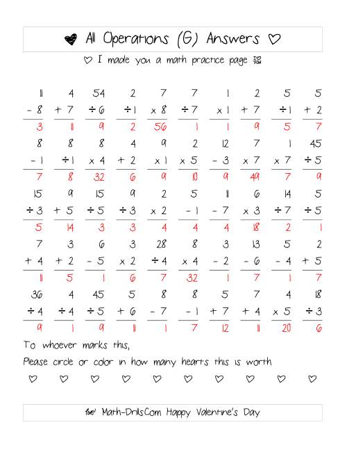 The Mixed Operations with Heart Scoring (Range 1 to 9) (G) Math Worksheet Page 2