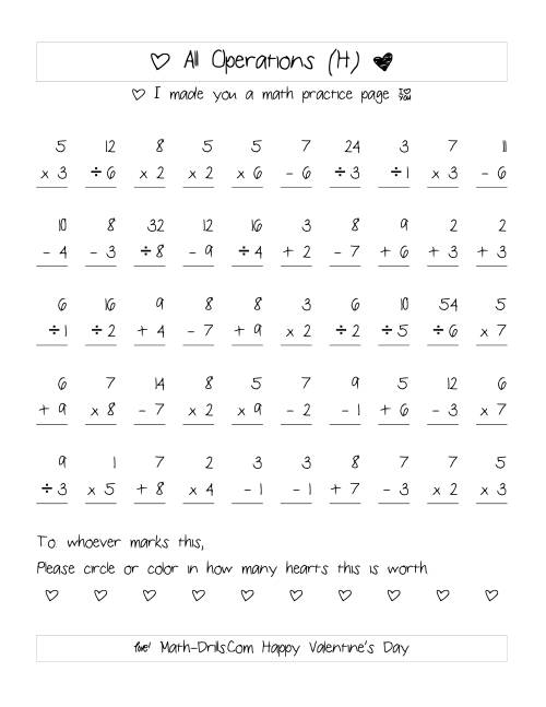 The Mixed Operations with Heart Scoring (Range 1 to 9) (H) Math Worksheet