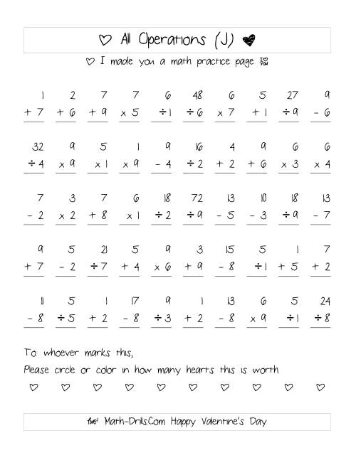 The Mixed Operations with Heart Scoring (Range 1 to 9) (J) Math Worksheet