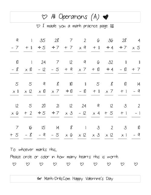 The Mixed Operations with Heart Scoring (Range 1 to 12) (A) Math Worksheet