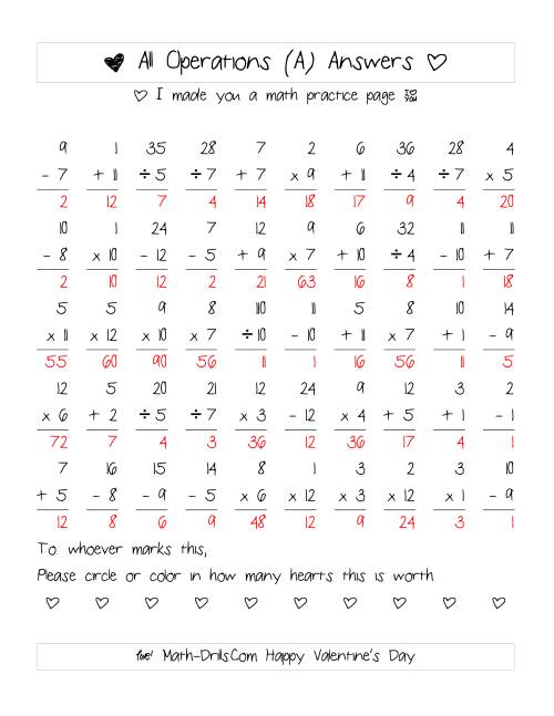 The Mixed Operations with Heart Scoring (Range 1 to 12) (A) Math Worksheet Page 2