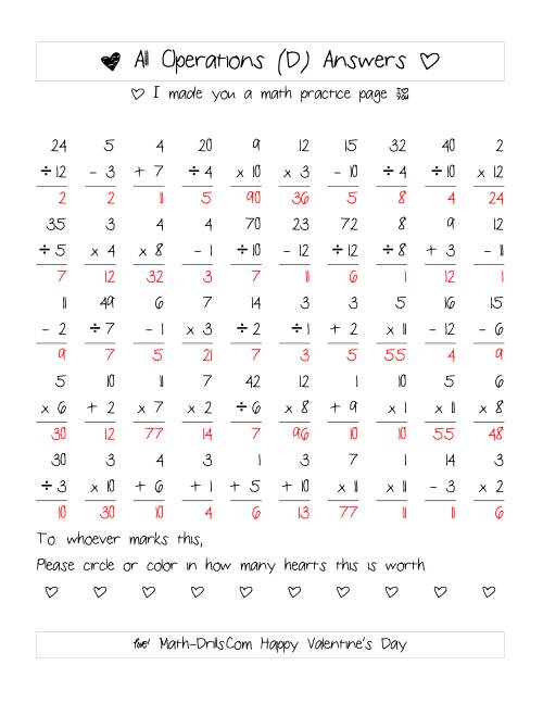 The Mixed Operations with Heart Scoring (Range 1 to 12) (D) Math Worksheet Page 2