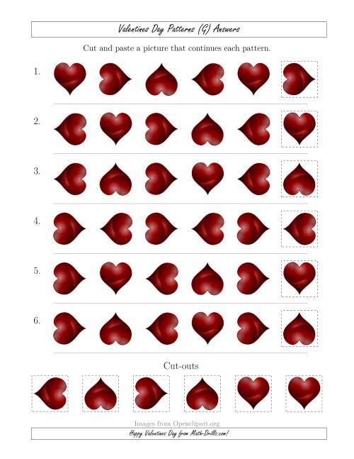 The Valentines Day Picture Patterns with Rotation Attribute Only (G) Math Worksheet Page 2